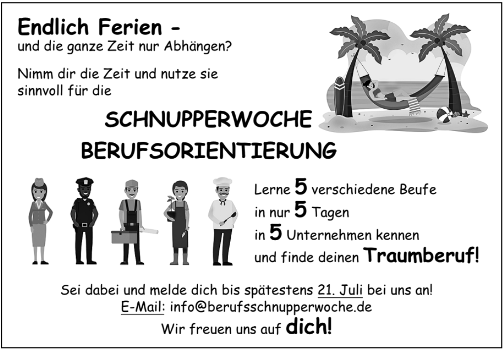 Plakat zur Berufsorientierung mit Ferien-Schnupperwoche und verschiedenen Berufen.